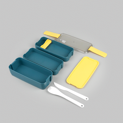 Bento Tek 30 oz 3-in-1 Lunch Box - BPA Free, Microwave Safe, Leak Proof Container with Fork & Knife - Blue & Yellow (7.5
