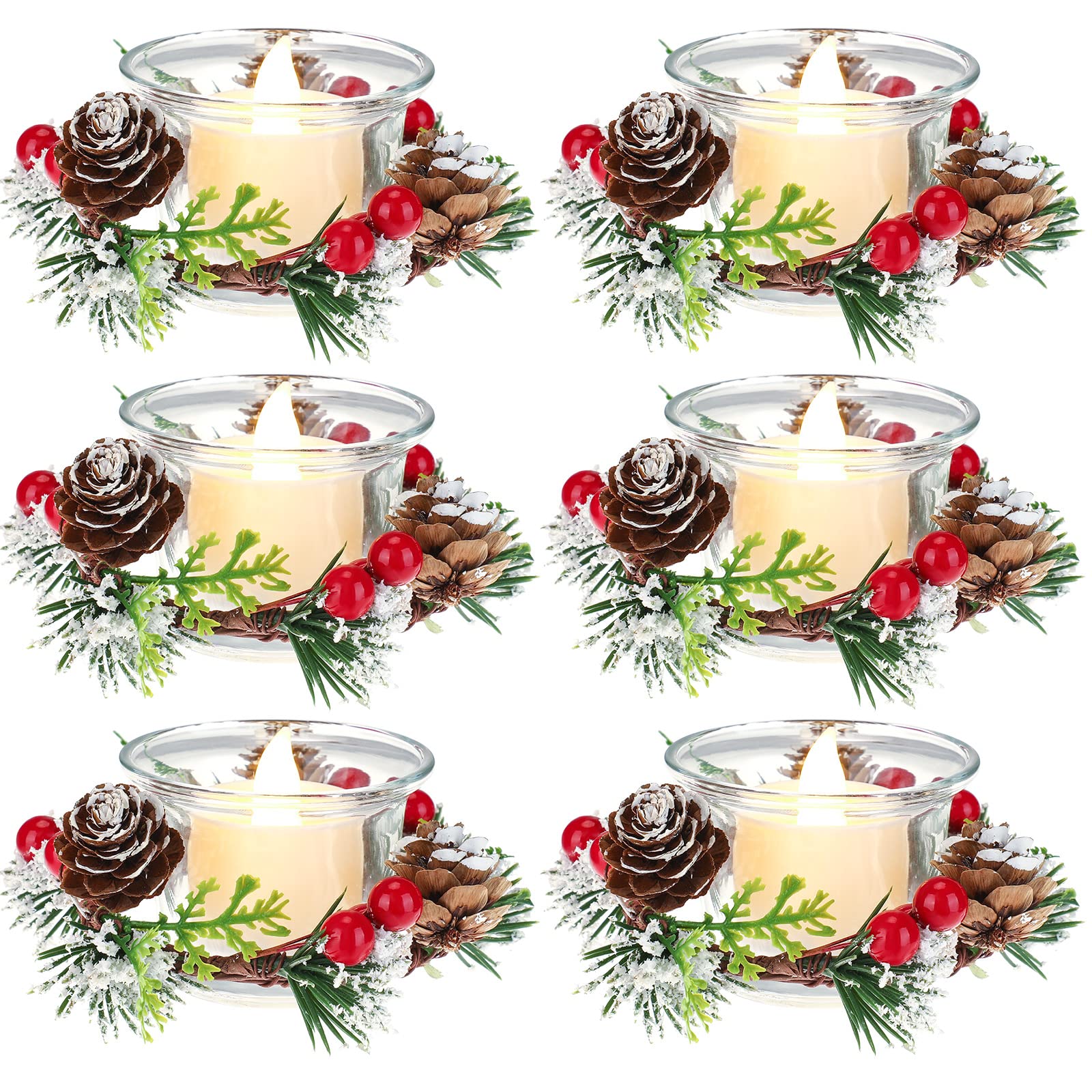 18 Pcs Christmas Candle Rings Set - Artificial Berry Wreath with Glass Tealight Holders & Votive Candles for Holiday Table Decor, Fireplace Mantel, and Festive Home Decoration
