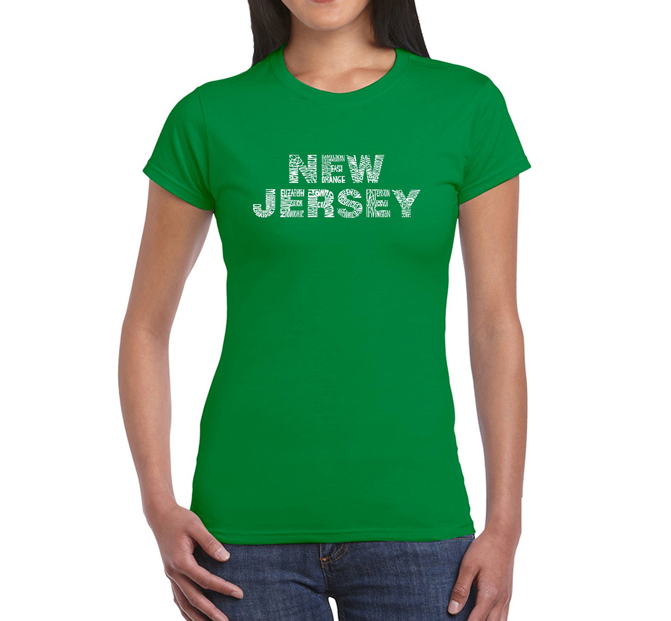 LA POP ART Women's Word Art T-Shirt - New Jersey Neighborhoods Graphic Tee | Trendy Casual Streetwear for Everyday Wear & Jersey Pride