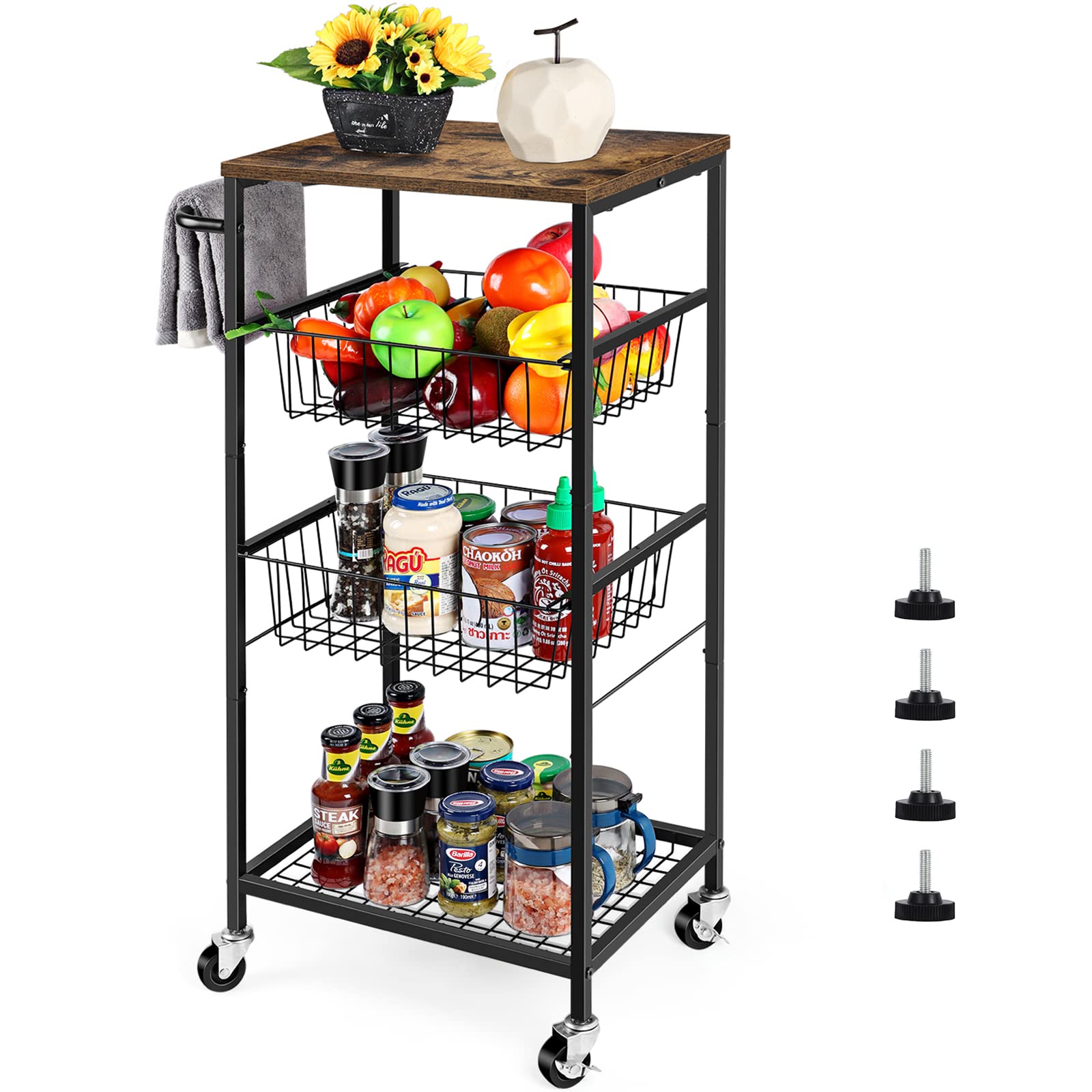 Rolling Kitchen Storage Cart with Wheels & Storage Basket - Slim Microwave Stand Utility Trolley for Kitchen, Bathroom, Living Room, Office & Balcony | Perfect for Small Space Organization & Mobile Storage Solutions