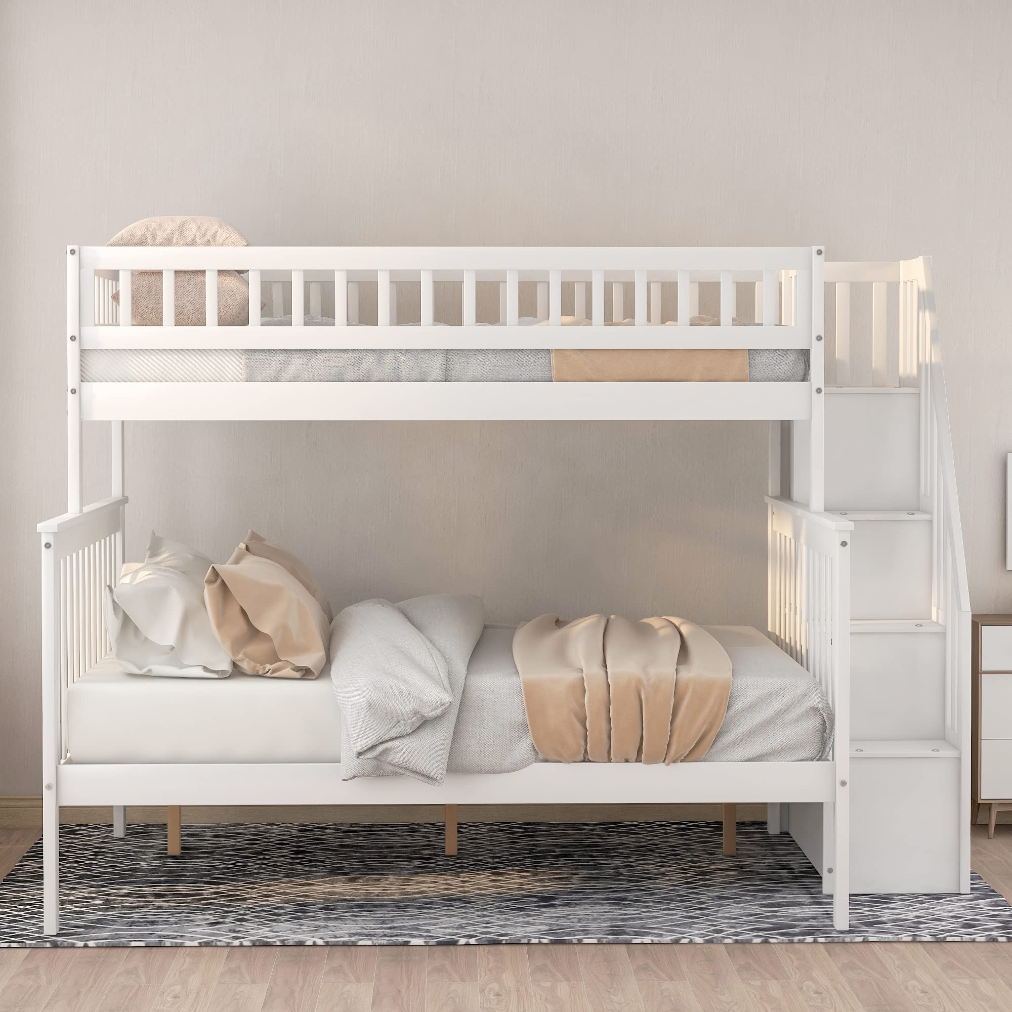 **Space-Saving Twin Over Full Bunk Bed with Stairs - Wooden Convertible Bunk Bed Frame with Storage & Safety Guard Rail - Splits into 2 Separate Beds (White) - Perfect for Kids' Rooms, Guest Rooms & Small Spaces**