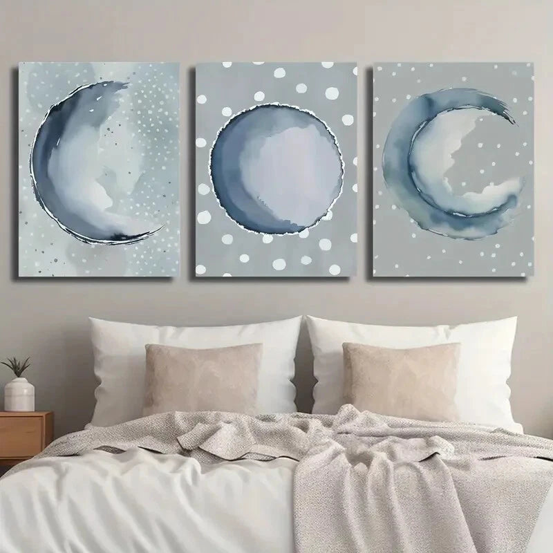 3-Piece Abstract Blue Moon Phases Indigo Sphere Metal Wall Art - Ready to Hang Home Decor for Living Room, Bedroom & Office