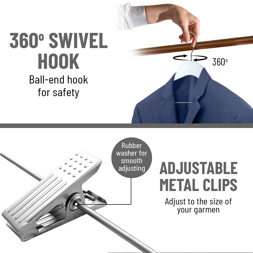 Heavy Duty Slim Plastic Hangers with Clips - Space Saving Non-Slip Clothes Hangers for Pants, Skirts & Coats (White, 36 Pack) - Perfect for Closet Organization & Travel Packing