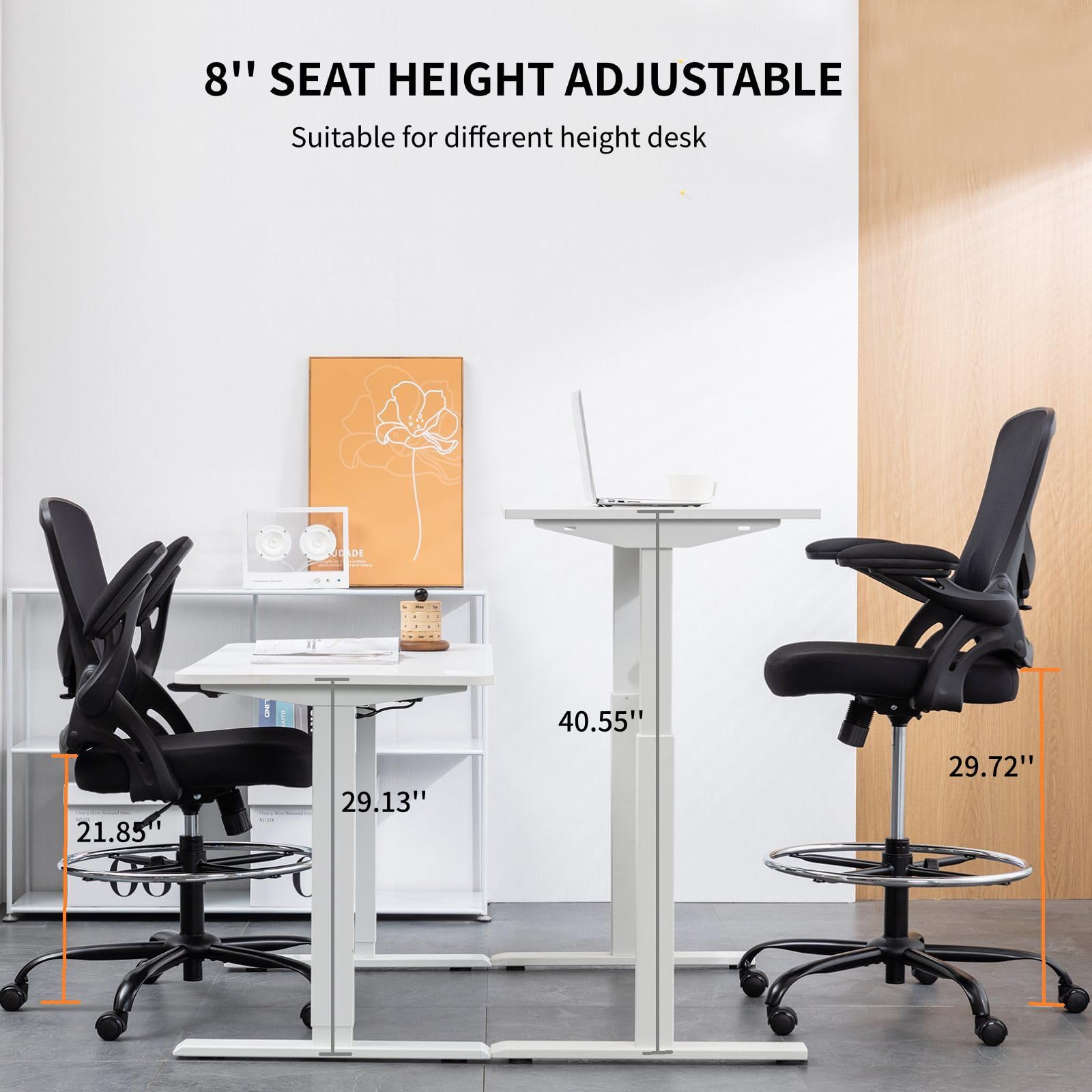 Ergonomic Drafting Chair with Flip-Up Armrests & Adjustable Lumbar Support - Tall Office Chair for Standing Desks, Counter Height with Footrest - Black - Perfect for Architects, Artists & Home Office Workspaces