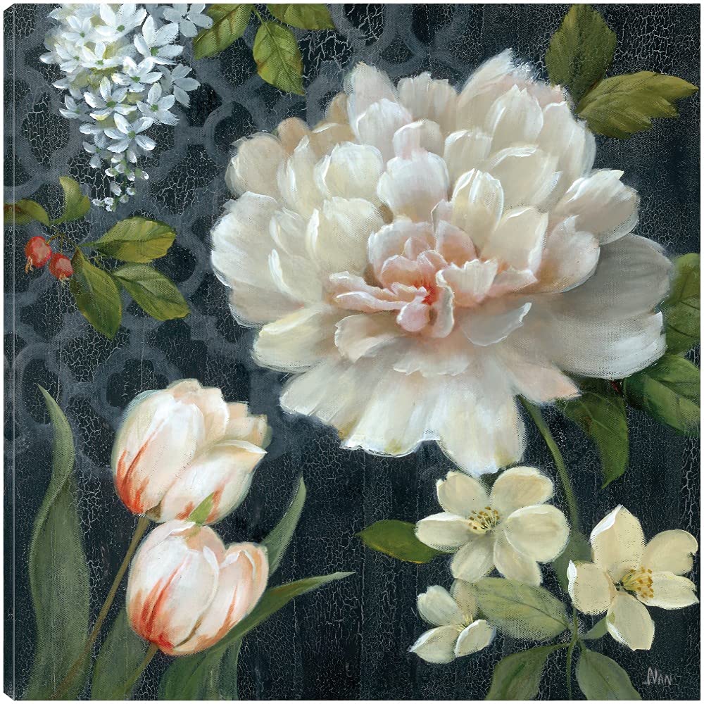 Midnight Garden II Botanical Canvas Wall Art - 37x37 Inch Hand-Painted Floral Decor for Bathroom & Bedroom | Nature-Inspired Home Decor by Artist Nan | Perfect for Spa, Living Room & Office Decor