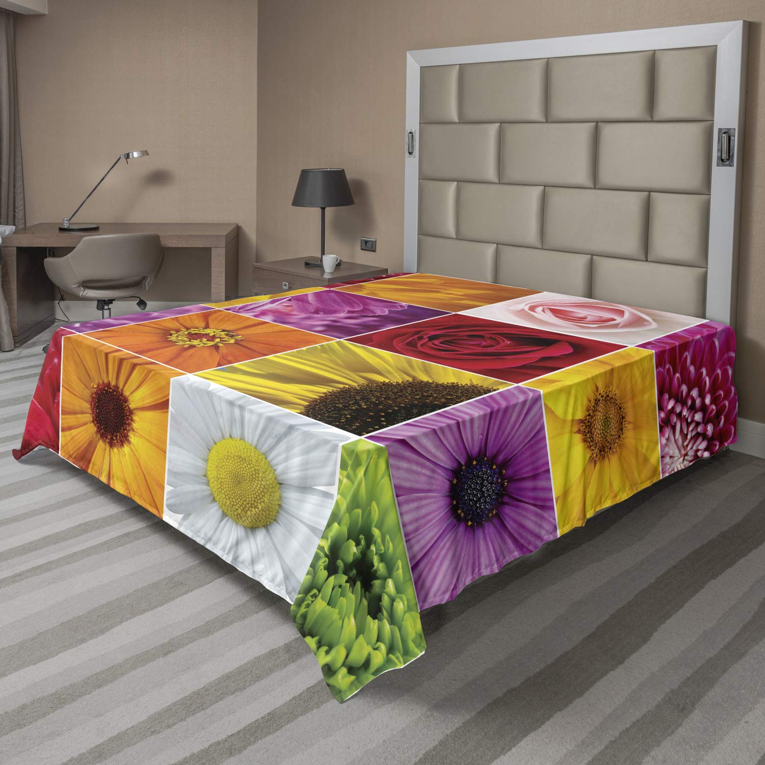 Ambesonne Floral King Size Flat Sheet - Soft & Comfortable Chrysanthemum Rose Sunflower Violet Design, Decorative Bedding for Romantic Bridal or Home Decor | Perfect for Master Bedroom, Guest Room & Dormitory