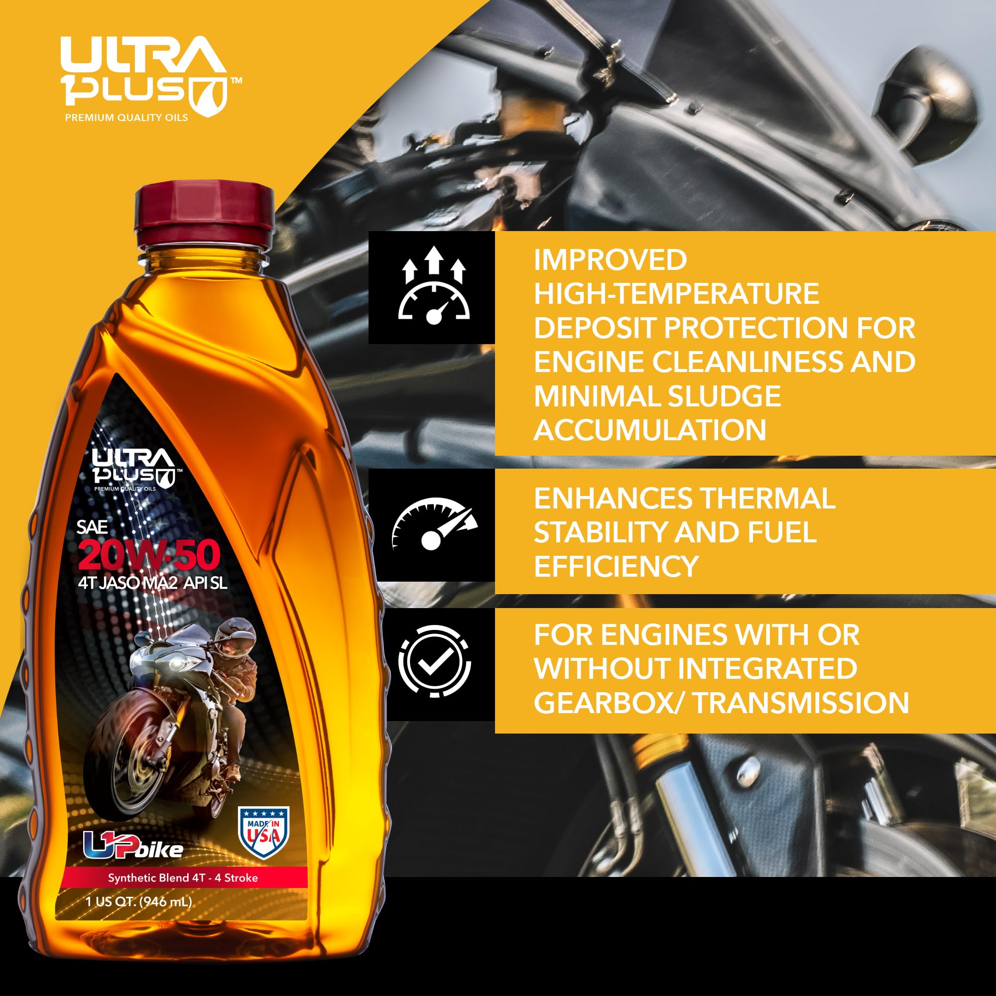 Ultra1Plus 4T 20W-50 Synthetic Blend Motorcycle Oil - API SL JASO MA2 Certified - 12 Quart Pack - High Performance Engine Protection for Cruisers, Touring & Off-Road Bikes