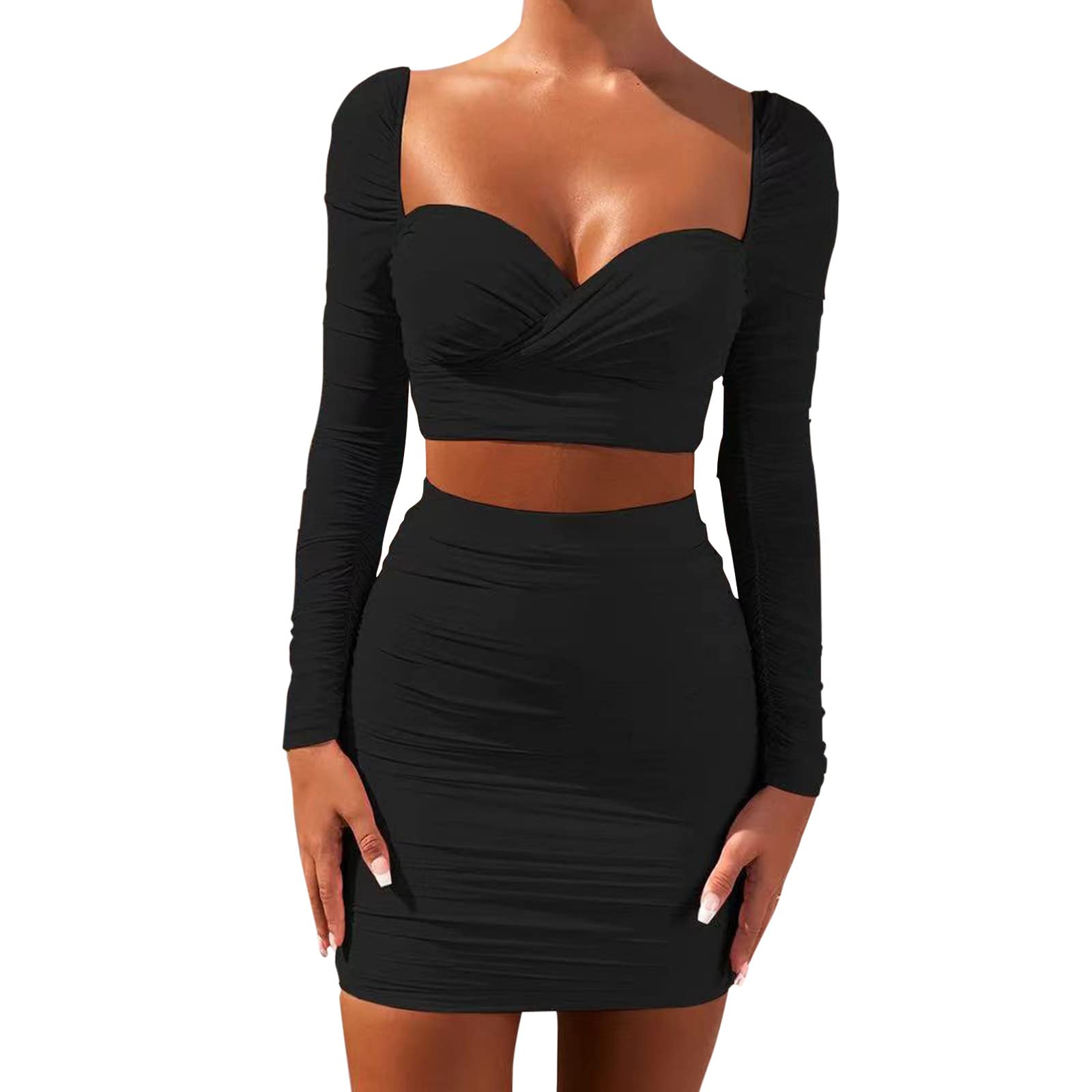 Women's Solid Long Sleeve Low Cut Pleated Blouse & Mini Bodycon Skirt Two Piece Outfit - Summer Beach Dress Set for Casual Wear, Party, and Vacation