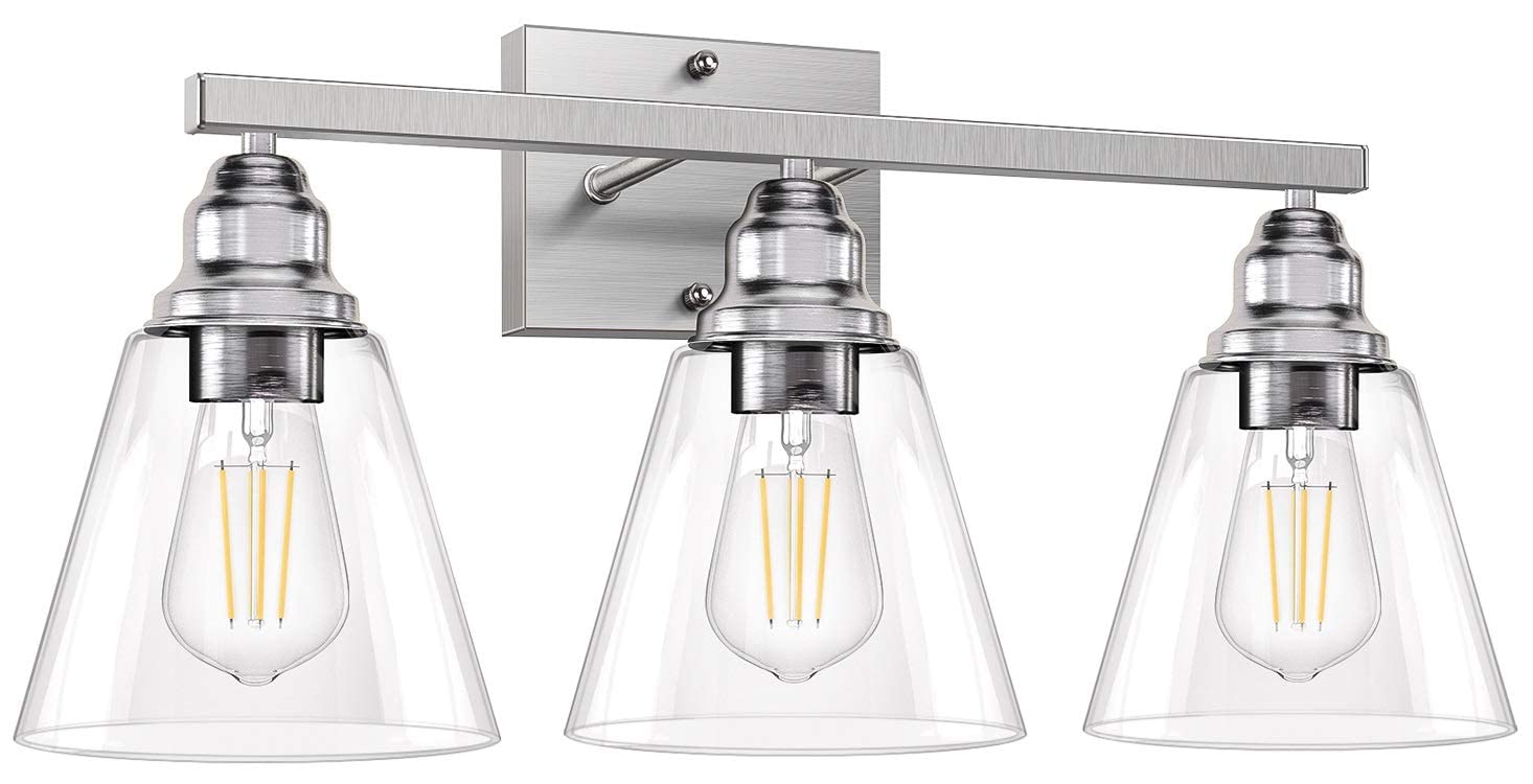 3-Light Bathroom Vanity Light Fixture - Brushed Nickel Wall Sconce with Clear Glass Shade - Vintage Edison Style Lighting for Bathroom, Kitchen & Living Room - Perfect for Modern Home Decor and Ambient Lighting