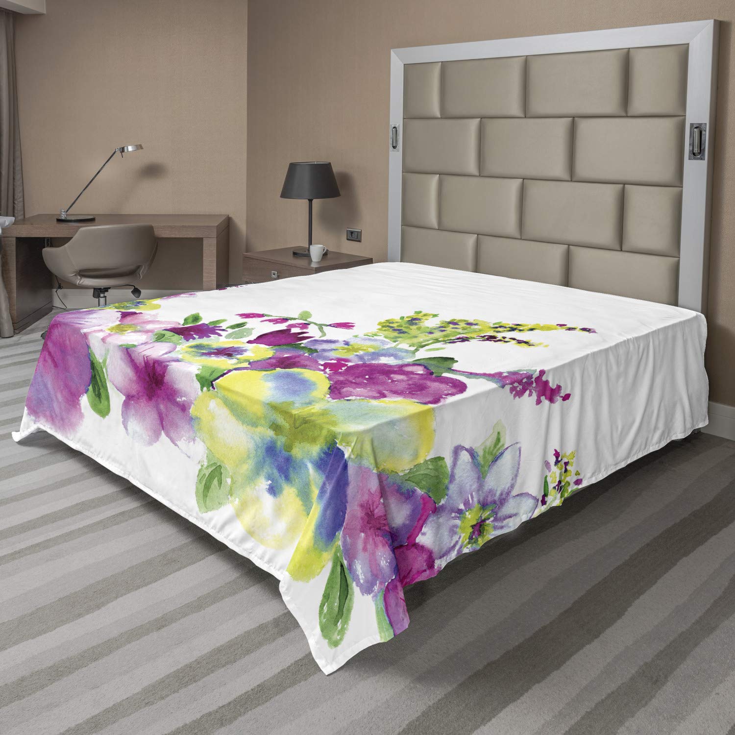 Ambesonne Watercolor Flower Flat Sheet - Queen Size Soft Comfortable Abstract Art Bedding with Hybrid Garden Floret Design in Pink & Green | Perfect for Home Decor, Guest Rooms & Cozy Bedroom Makeovers