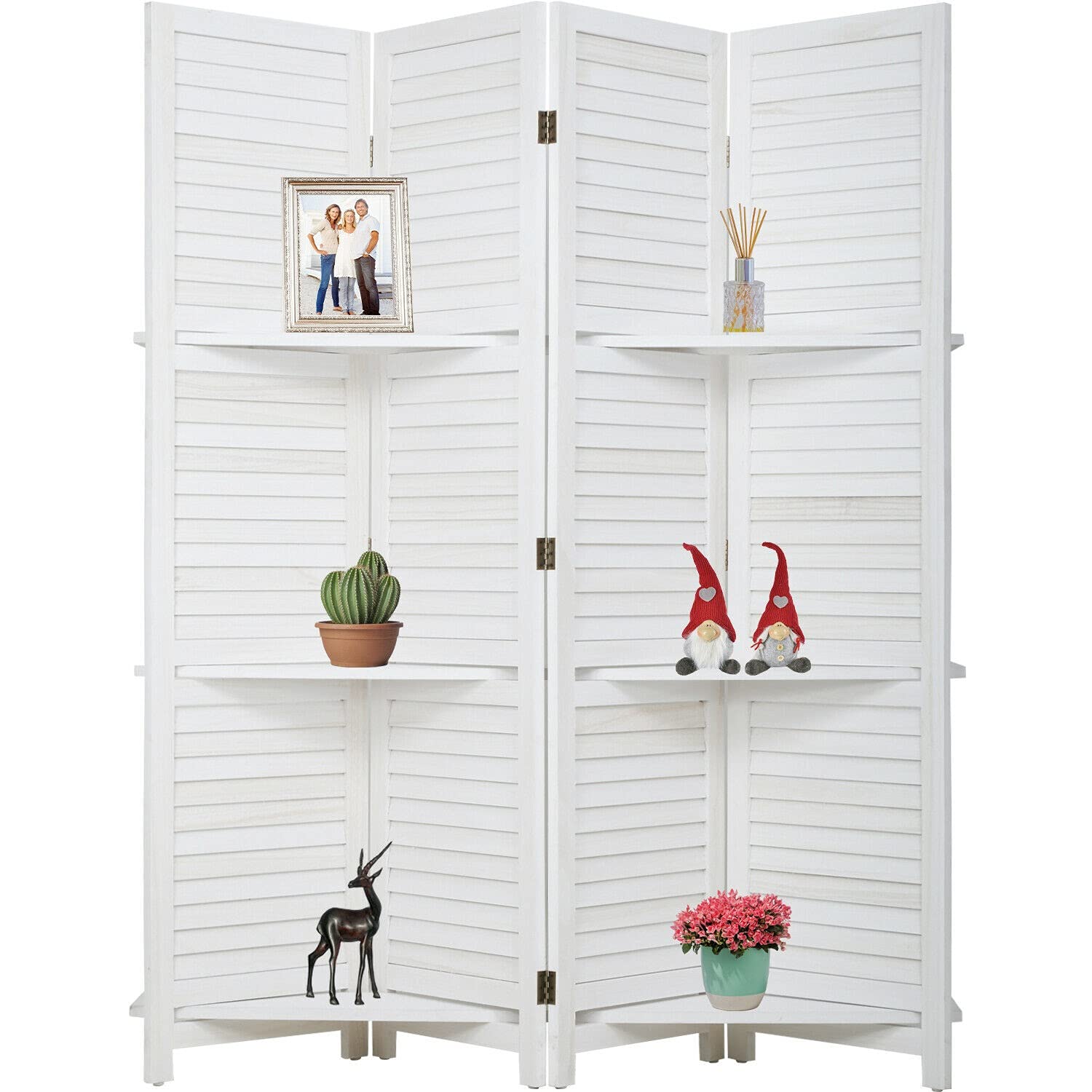 GXP 4 Panel Wooden Room Divider with 3 Shelves - White Folding Privacy Screen for Home Office, Bedroom Partition & Living Room Decor