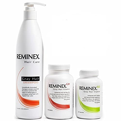 Gray Hair Shampoo & Reminex GH Color Restore Vitamins + Hair Regrowth Supplements 60 Count - Hydrating Formula for Hair Rejuvenation, Cleanse & Revitalize - Perfect for Age-Related Gray Hair & Thinning Hair Care