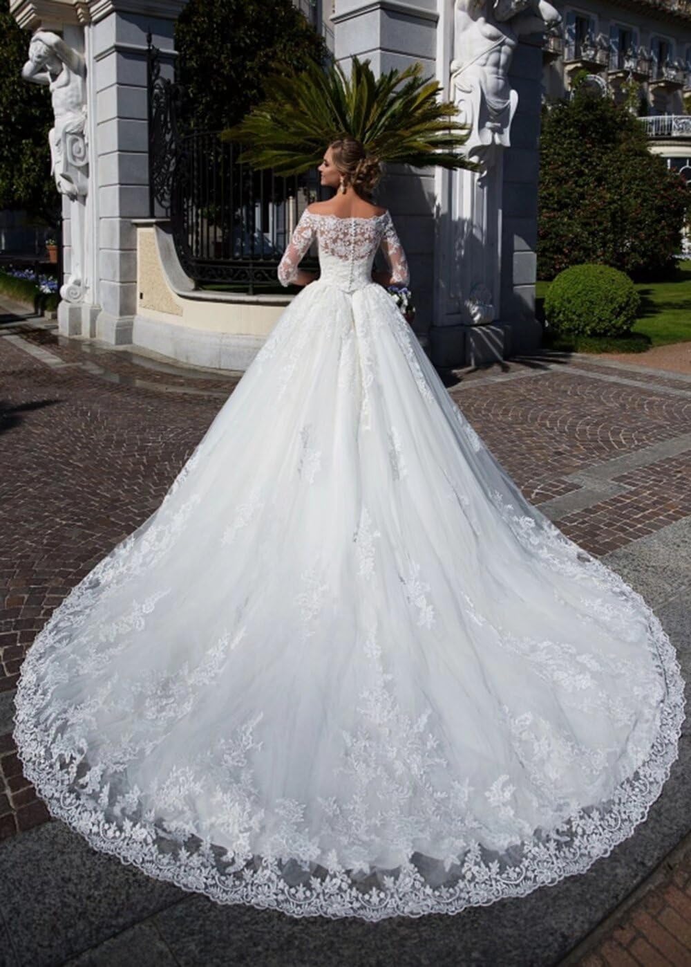 Elegant Off The Shoulder Wedding Dress with 3/4 Sleeves & Lace Tulle Details – Romantic Bridal Gown for Women – Perfect for Beach Weddings, Vow Renewals & Formal Ceremonies