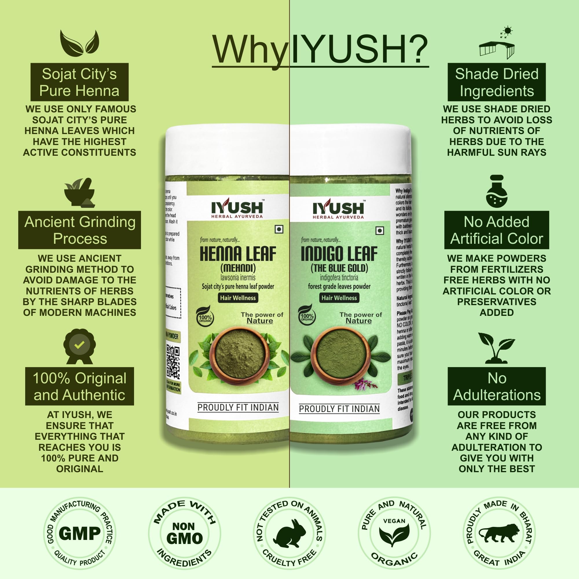 Organic IYUSH Herbal Ayurveda Henna & Indigo Powder Combo - 200g (100g Each) | Natural Hair Dye for Gray Coverage & Hair Coloring | Chemical-Free Herbal Hair Treatment | Perfect for DIY Hair Care & Natural Beauty Routines