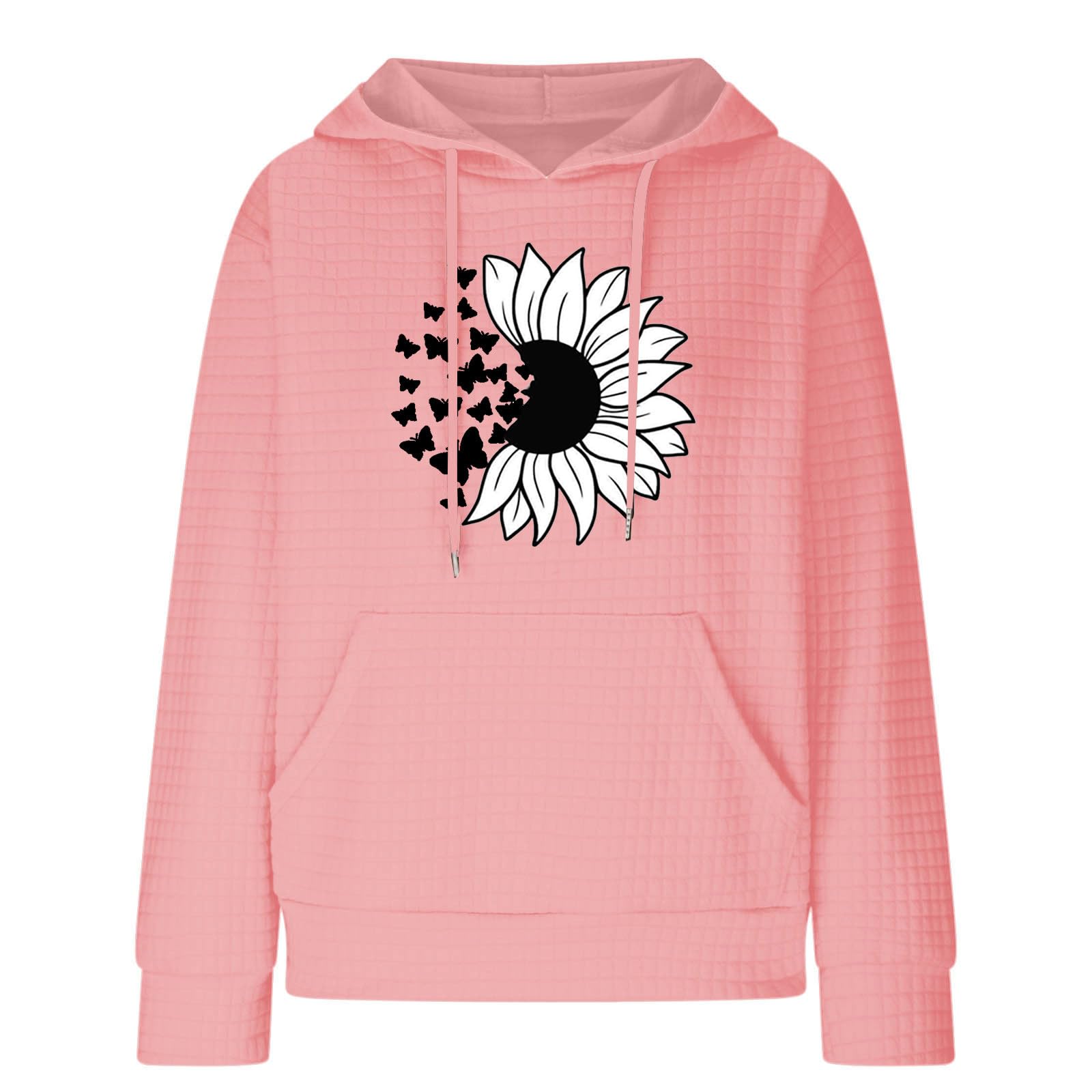 Women's Waffle Knit Hooded Sweatshirt - Cute Butterfly Print Drawstring Pullover for Gym, Workout & Casual Wear | Soft Fleece Loungewear for Women | Perfect for Yoga, Running & Everyday Fashion