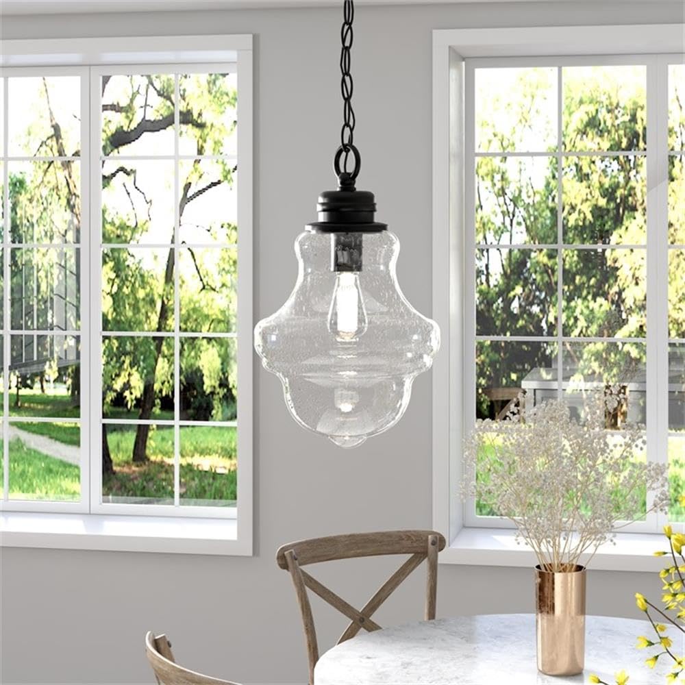 Henn&Hart 9 Inch Blackened Bronze Metal and Glass Pendant Light Fixture - Perfect for Dining Room, Kitchen Island, or Entryway Lighting