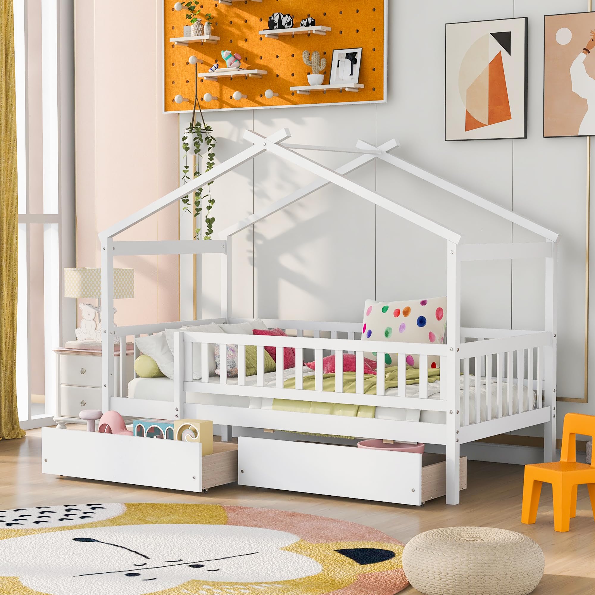 Harper & Bright Designs Twin Size Wooden House Bed Frame with 2 Storage Drawers & Safety Rails - Montessori Style Canopy Bed for Kids, Boys & Girls (White) - Perfect for Bedroom, Playroom & Montessori Learning Spaces