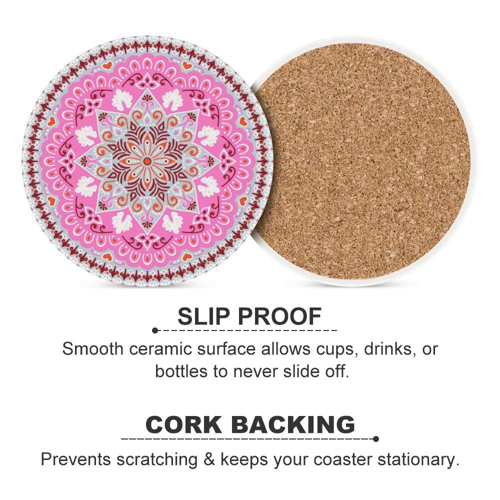 Set of 4 Absorbent Ceramic Coasters with Cork Base - Floral Ethnic Pattern Pink Round Drink Coasters for Coffee Cups & Glasses | Perfect for Bar, Farmhouse & Home Decor