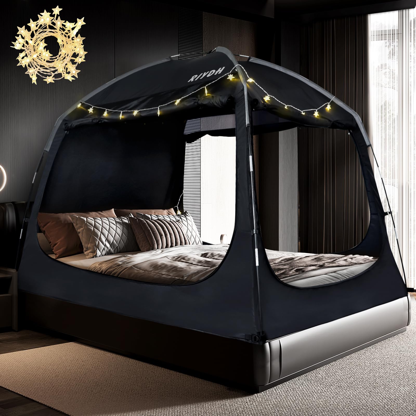 Breathable Bed Tent Canopy for Adults & Kids - 100% Light Reduction, Portable Sleeping Tent with String Lights, 3 Doors, Fits Twin/Full/Queen/King Size Beds - Perfect for Indoor Camping, Privacy & Better Sleep