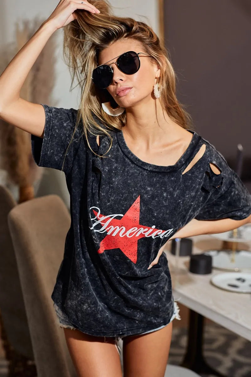 BiBi Laser Cut Mineral Washed Jersey Top - Trendy Women's Fashion Tops for Casual Wear & Street Style | Perfect for Everyday Outfits, Weekend Hangouts & Summer Looks