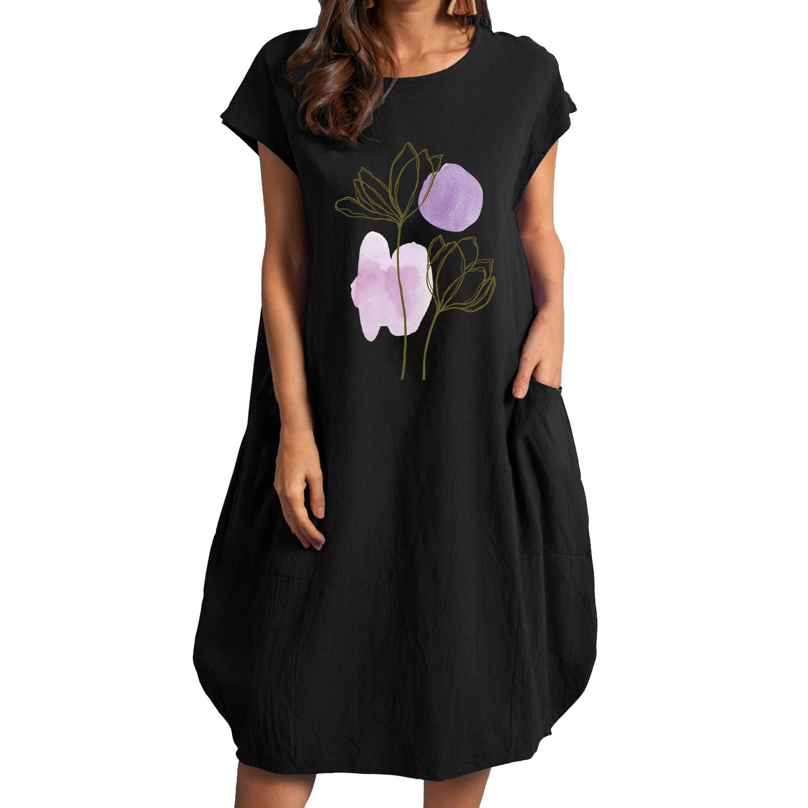 Mommy and Me Matching Dresses - Women's Purple Floral Print Loose Short Sleeve Summer Dress with Round Neck | Perfect for Family Photos, Mother's Day & Summer Outings