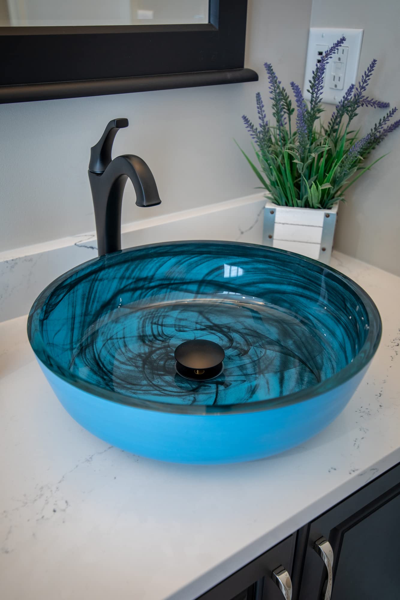 Blue Mist Flat Bottom Glass Vessel Sink for Bathroom Vanity - Modern Rectangular Basin for Powder Room, Guest Bath & Master Bath Decor