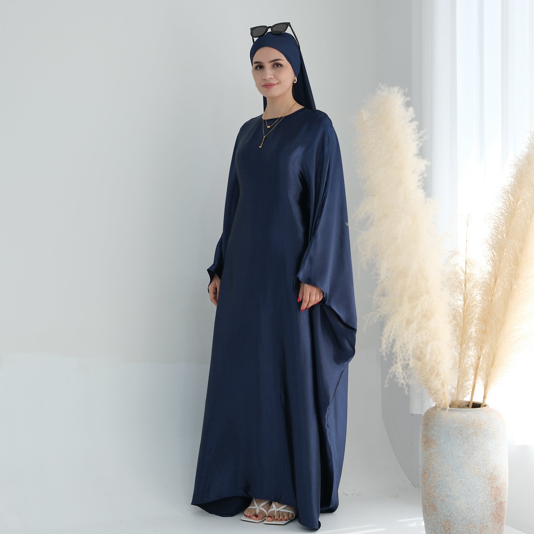 Elegant Navy Blue Alisha Butterfly Satin Abaya - Modest Islamic Dress for Women, Prayer, Special Occasions & Everyday Wear