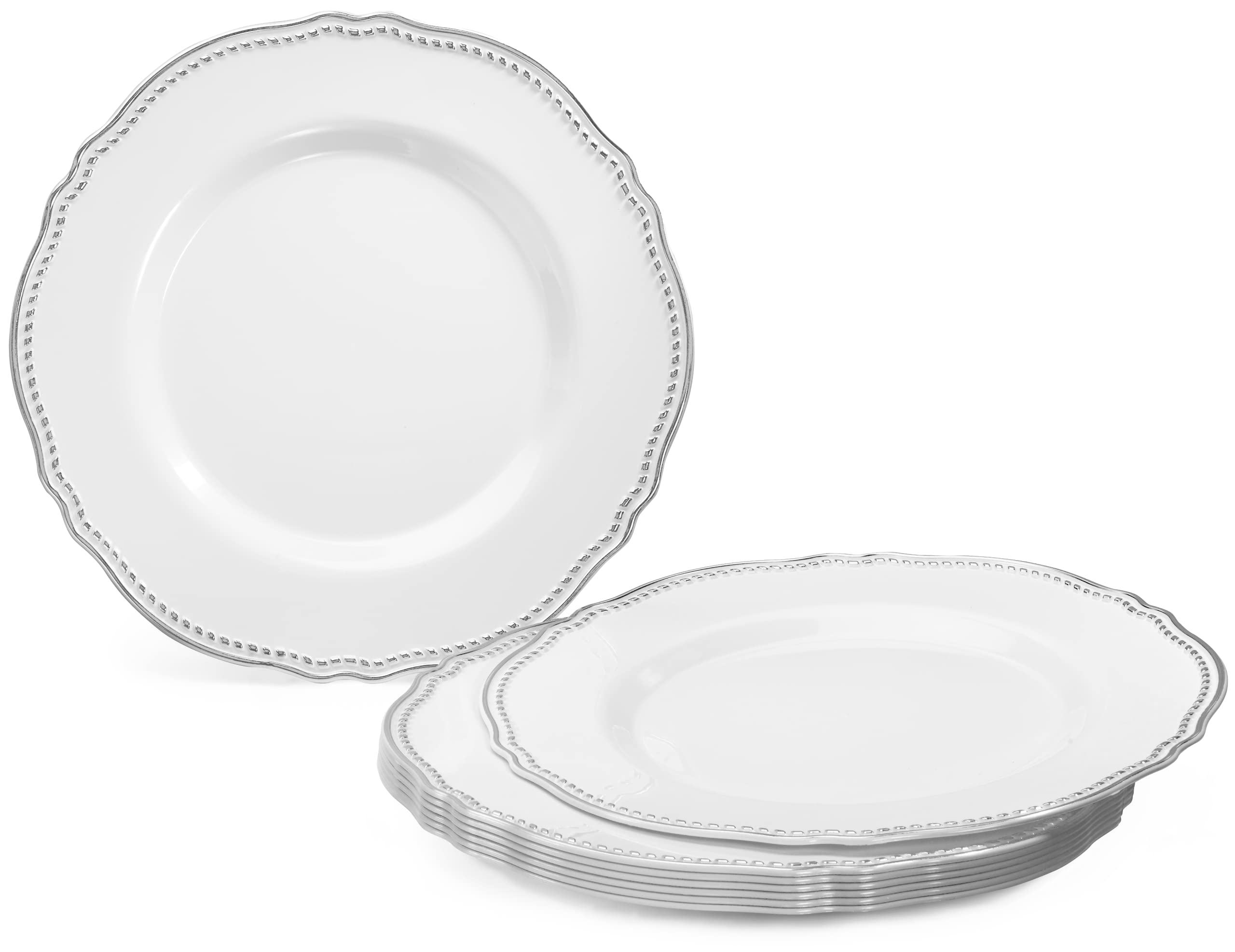 20-Pack Heavyweight Disposable Plastic Plates for Weddings & Parties - 9'' Elegant White & Silver Luncheon Plates - Perfect for Wedding Receptions, Bridal Showers, Birthday Parties & Formal Events