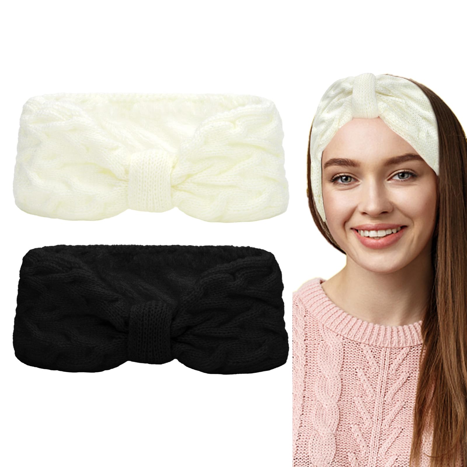 CAVETEE 2 Pack Winter Headbands for Women - Soft Crochet Ear Warmer Headbands with Lined Bandana, Stretchy Elastic for Cold Weather - Perfect for Outdoor Activities, Skiing, Snowboarding & Christmas Gifts