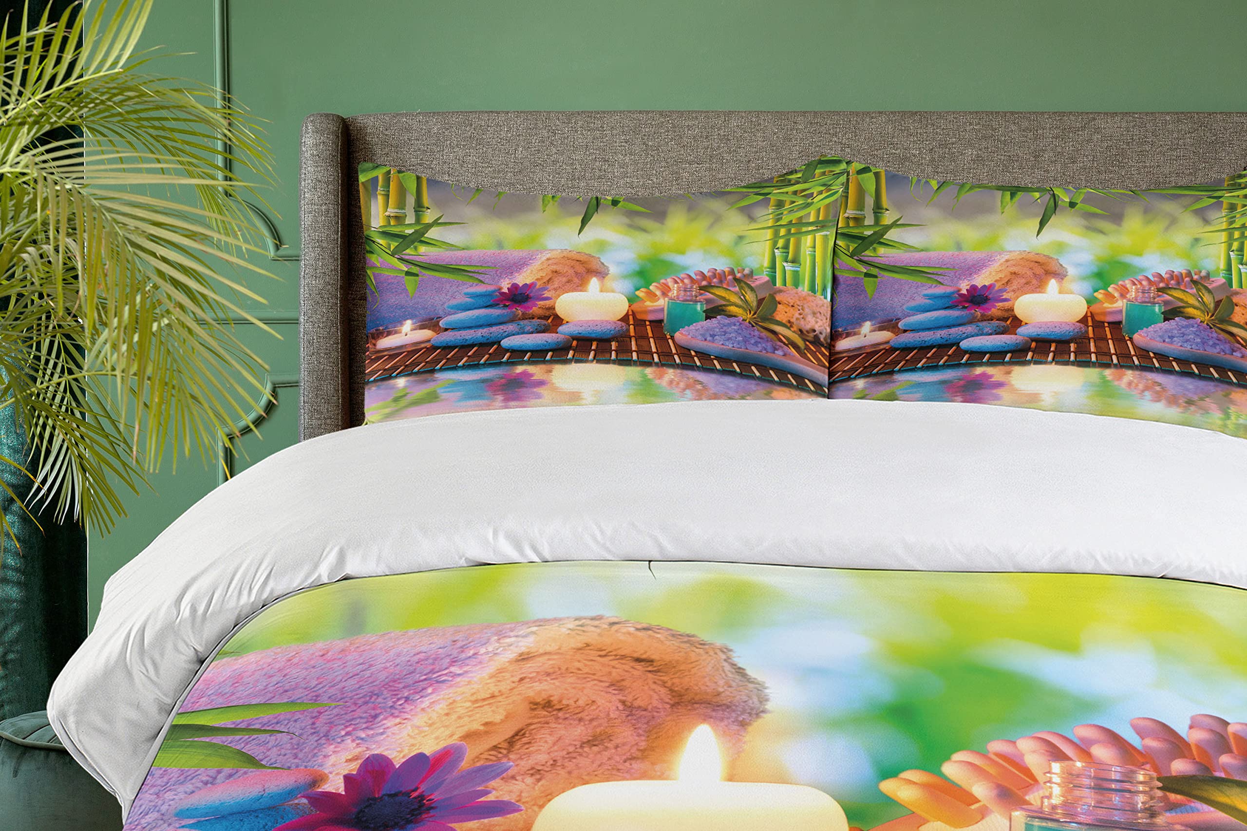 Ambesonne Spa Themed Duvet Cover Set - Eastern Folk Relaxation Botanical Trees Print with Stones & Candles, 3-Piece Bedding Set (2 Pillow Shams) for California King Size Bed | Perfect for Zen Bedrooms, Spa Retreats & Meditation Spaces