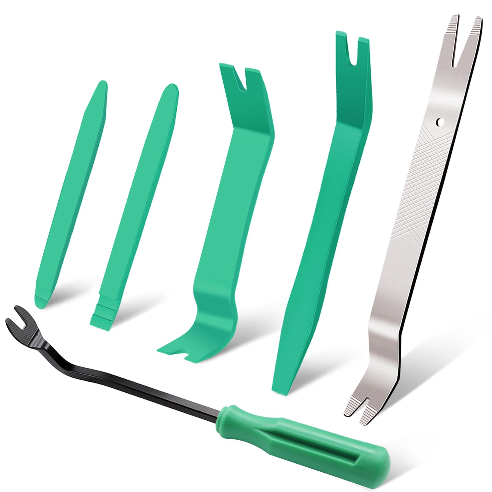 5-Piece Nylon Car Pry Tool Set with Metal Pry Bar - Auto Trim & Door Panel Clip Removal Kit (Green) - Perfect for Car Detailing, Interior Repair & DIY Auto Maintenance