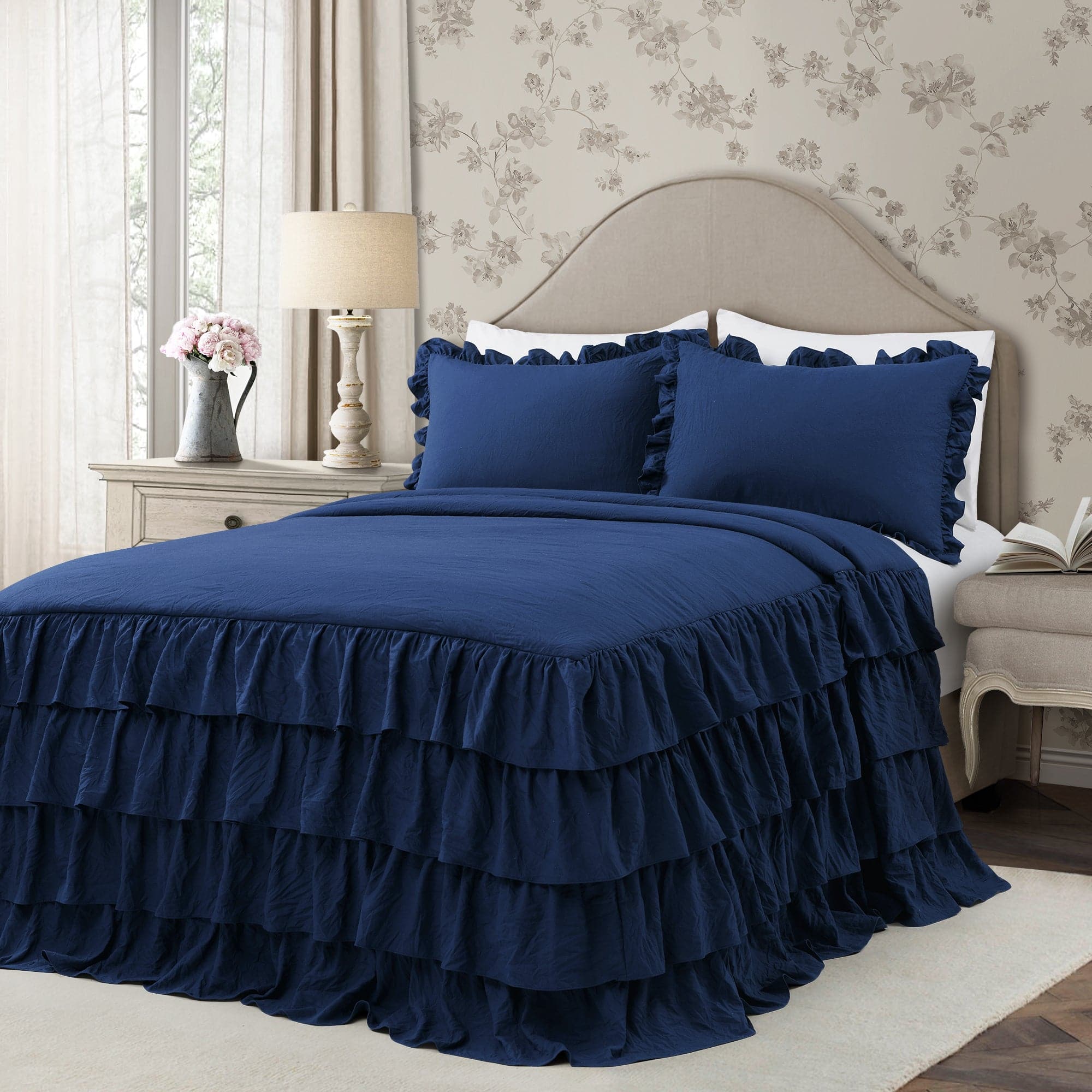 Allison Ruffle Skirt Bedspread Set - Elegant Floral Printed Queen Size Bedding with Ruffled Skirt | Perfect for Master Bedroom, Guest Room & Vacation Home Decor