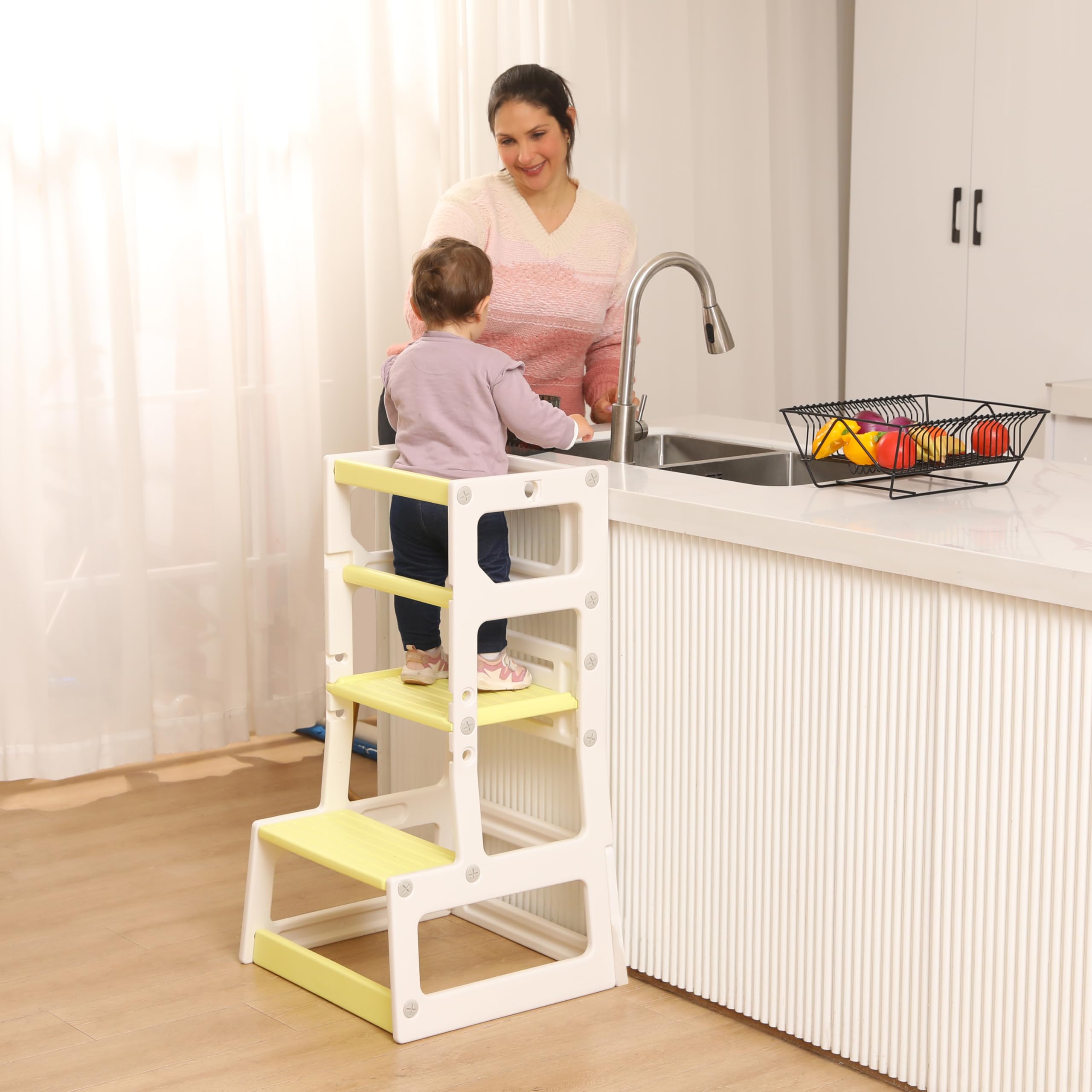 Adjustable Height Kids Kitchen Step Stool - Safe Toddler Learning Tower for Cooking & Bathroom Use | Non-Slip Platform for Children (Yellow) | Perfect for Baking, Washing Hands & Countertop Activities