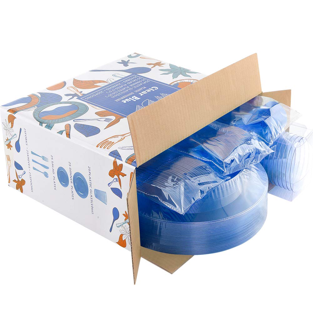 WDF 25-Piece Blue Disposable Dinnerware Set - Includes 25 Dinner Plates, 25 Salad Plates, 25 Forks, 25 Knives, 25 Spoons & 25 Blue Plastic Cups - Perfect for Easter Parties, Picnics & Outdoor Events
