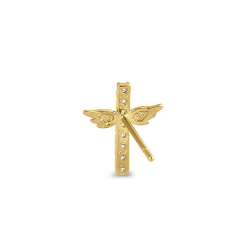 14K Yellow Gold Winged Cross CZ Stud Earrings for Women - Hypoallergenic Cubic Zirconia Jewelry - Perfect for Church, Weddings & Everyday Wear