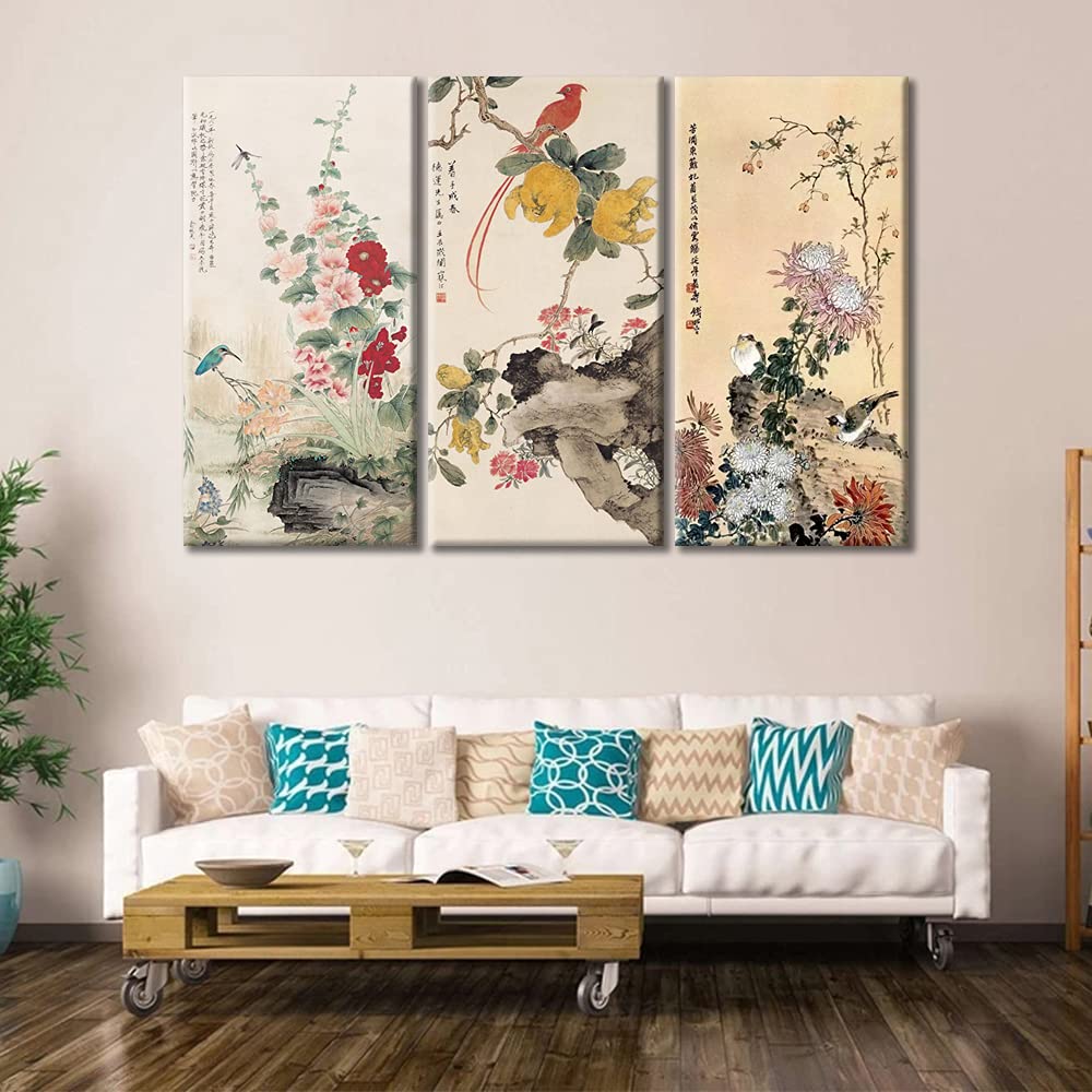 TUMOVO 3-Piece Canvas Wall Art Set - Floral & Bird Paintings with Mountain Landscape, Modern Framed Home Decor, Ready to Hang (60x40 Inches) - Perfect for Living Room, Bedroom & Office Decor