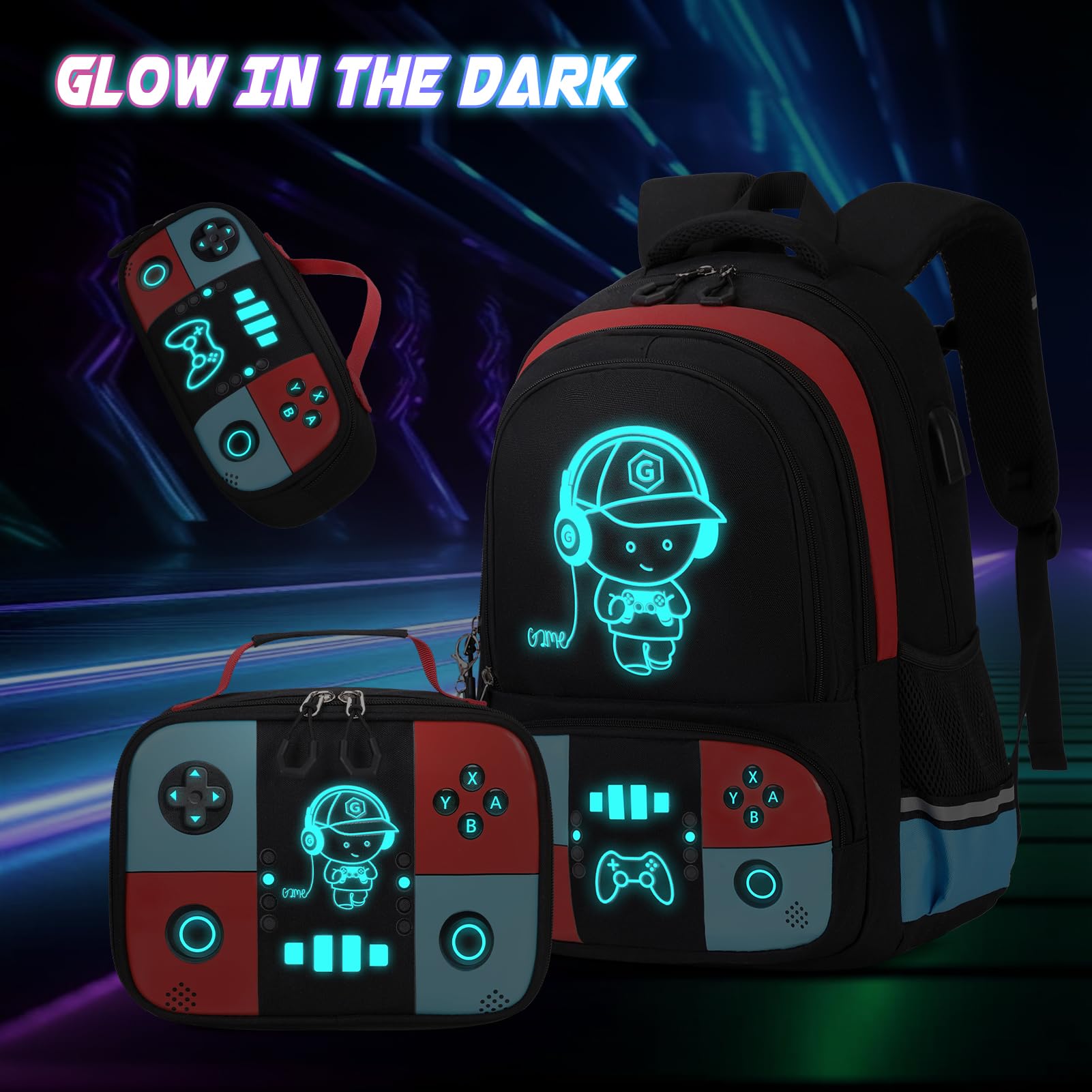 Bevalsa Luminous Gamer Backpack for Boys - Waterproof School Backpack with Lunch Box & Pencil Pouch Set - Perfect for School, Travel, and Gaming Conventions