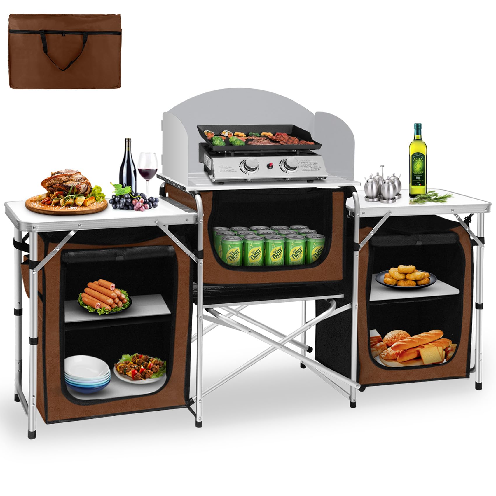 Portable Aluminum Camping Kitchen Table with Windscreen & 3 Storage Cupboards - Foldable Outdoor Cooking Table for BBQ, Picnics, Parties - Perfect for Camping, Backpacking & Tailgating Adventures