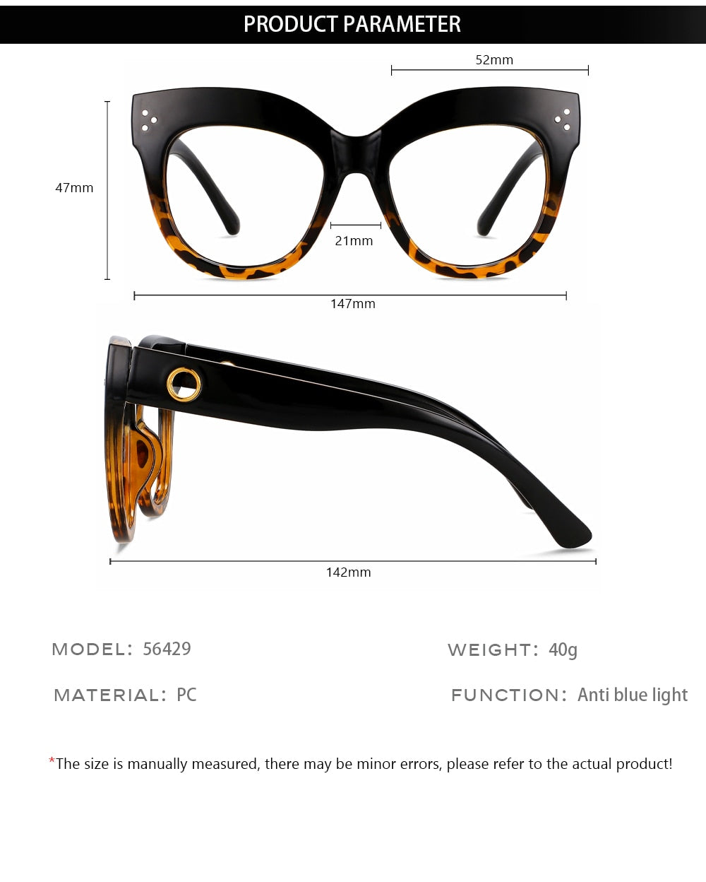 CCspace Women's Full Rim Cat Eye PC Plastic Eyeglasses Frame 56429 - Stylish Reading Glasses for Women, Fashion Eyewear for Office, Driving & Daily Use