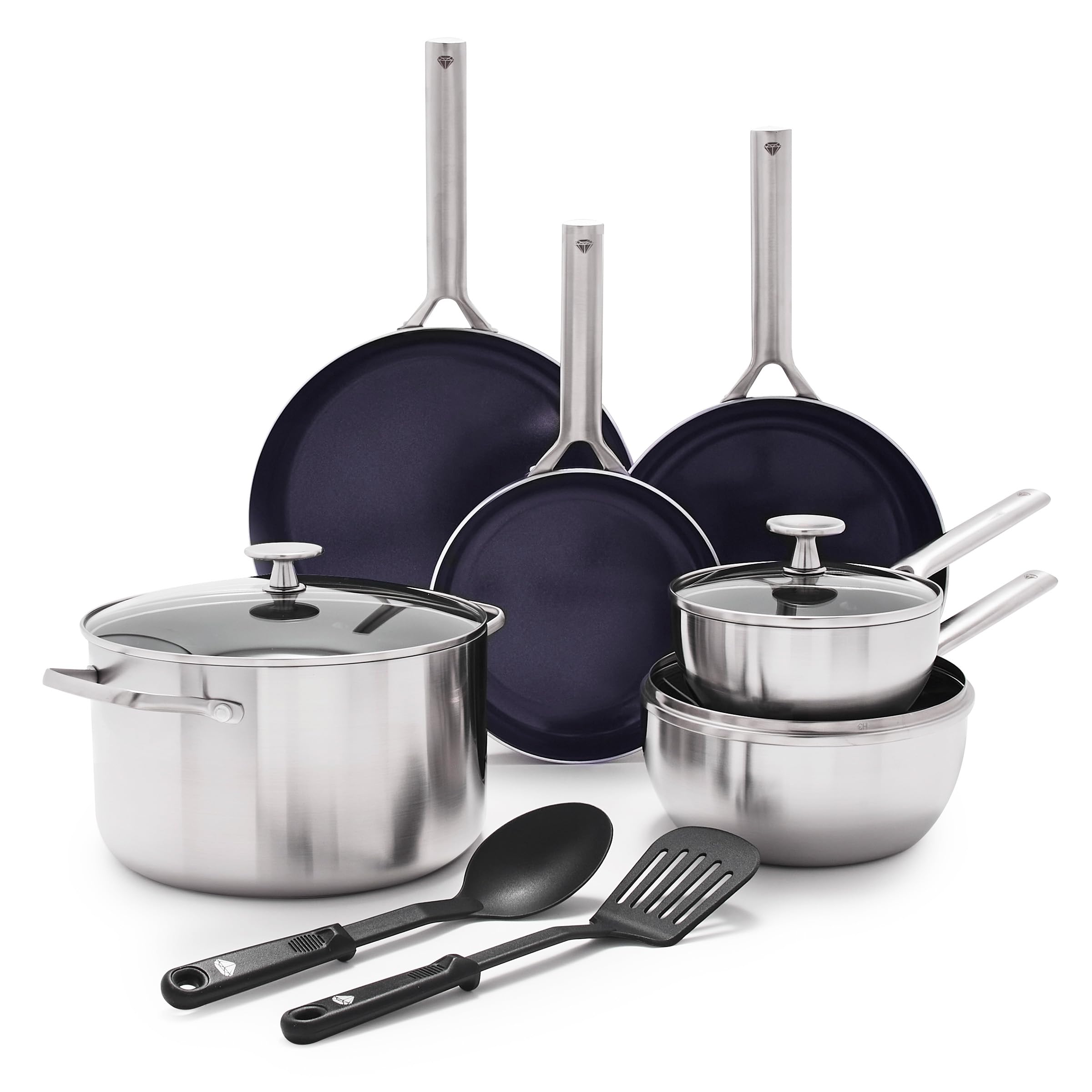 Blue Diamond 11-Piece Stainless Steel Cookware Set - Tri-Ply Construction, Induction Compatible, PFOA/PFAS Free Nonstick Coating - Dishwasher & Metal Utensil Safe for Everyday Cooking, Frying & Baking - Perfect for Home Chefs & Professional Kitchens