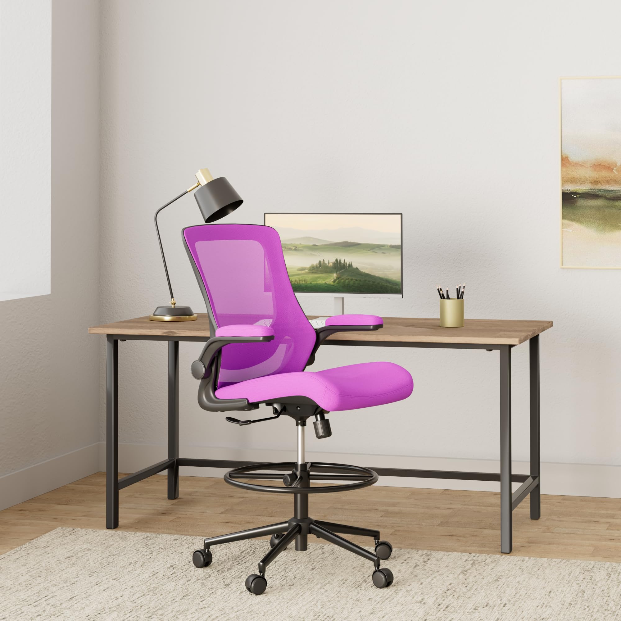 Adjustable Height Drafting Chair with Lumbar Support & Footrest - Ergonomic Office Chair for Standing Desks, Bar Counters & Home Offices - Tall Swivel Chair with Flip-Up Arms for Comfortable Work & Study