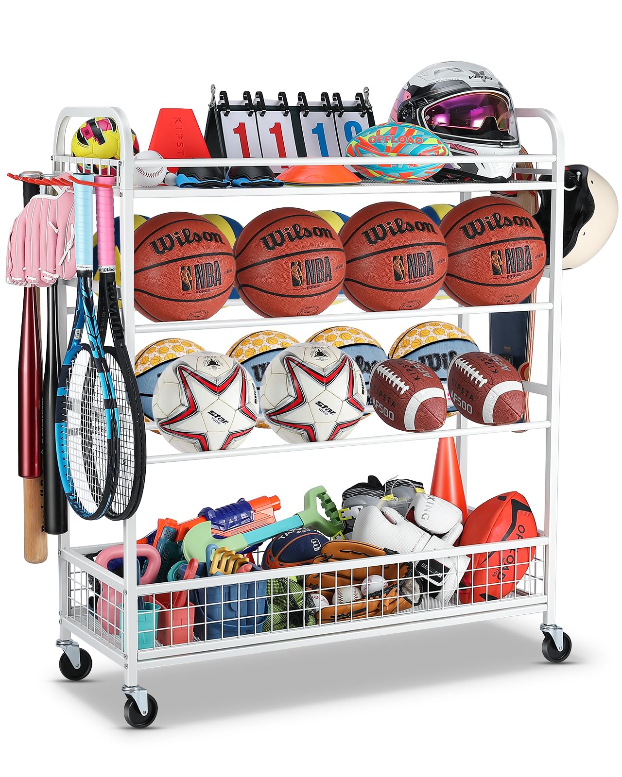 **Rolling Sports Equipment Organizer with Wheels - Garage & Outdoor Ball Storage Bin, Basketball Rack with Baseball Bat Holder & Hooks - Perfect for Organizing Balls, Bats & Toys (White)**    *(Ideal for garages, basements, playrooms & outdoor sports gear storage - keeps basketballs, soccer balls, baseball bats & toys neatly organized!)*