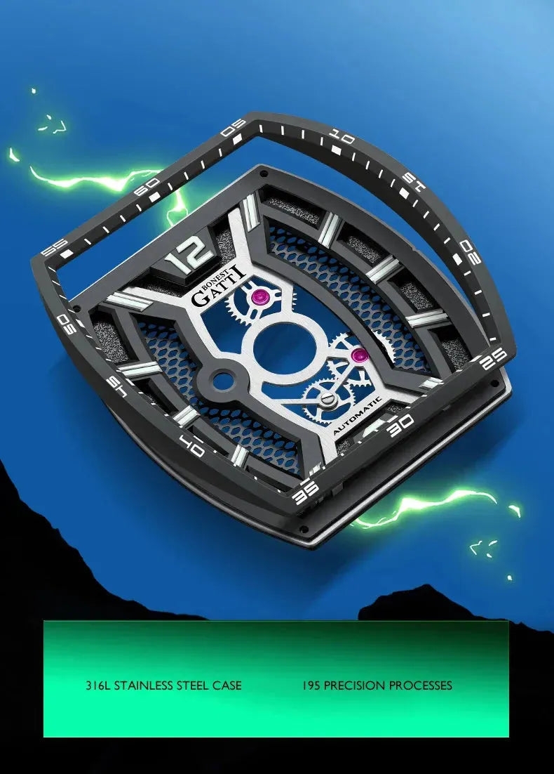 Luxury BONEST GATTI Men's Automatic Mechanical Watch 46MM - Tonneau Case, Sapphire Crystal, Waterproof, Skeleton Dial, Luminous Hands, Viton Strap - Perfect for Business, Formal Events & Gift Giving