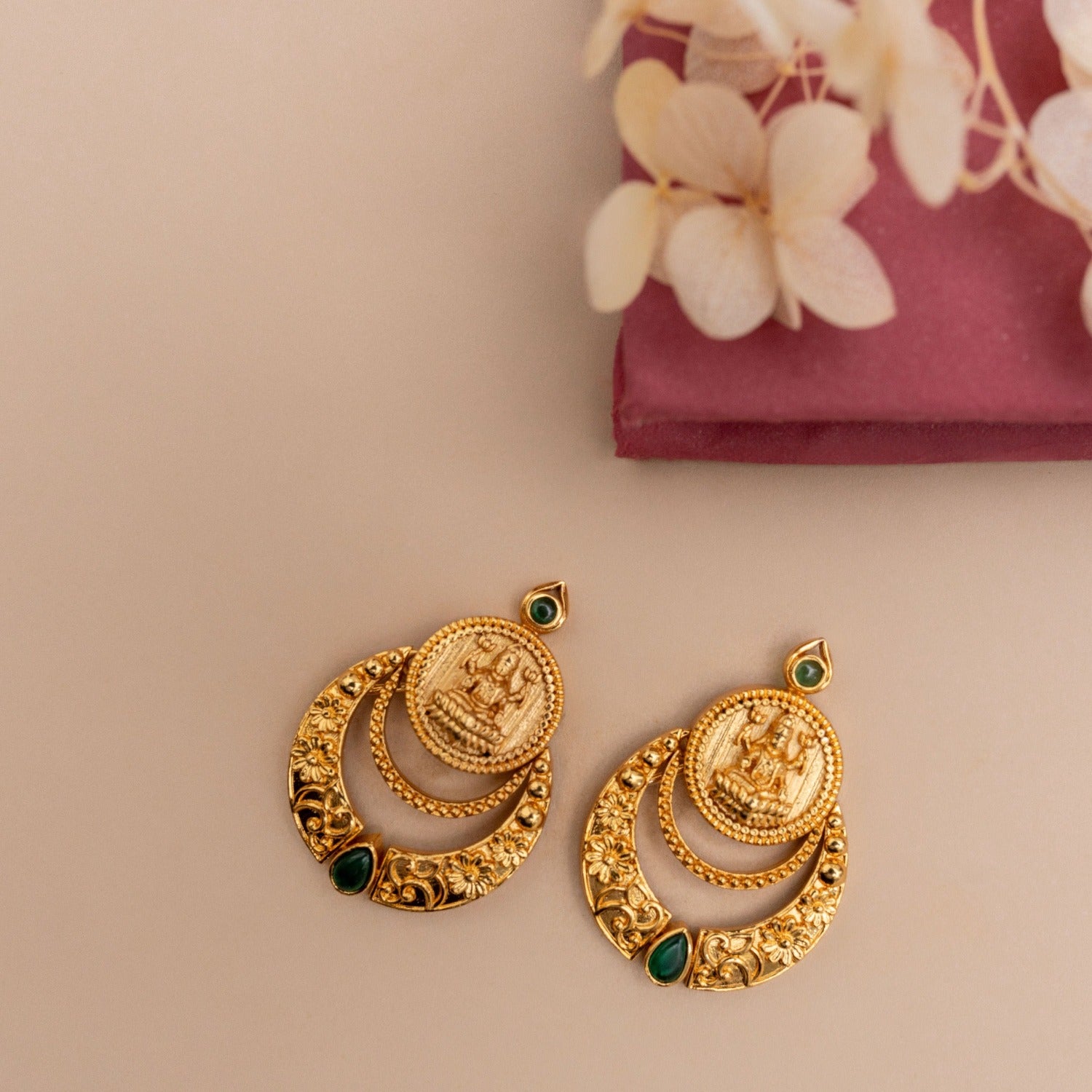 Shreeja Antique Green Kempu Chandbali Earrings | Traditional Indian Jhumka Earrings for Women | Perfect for Weddings, Festivals & Ethnic Outfits