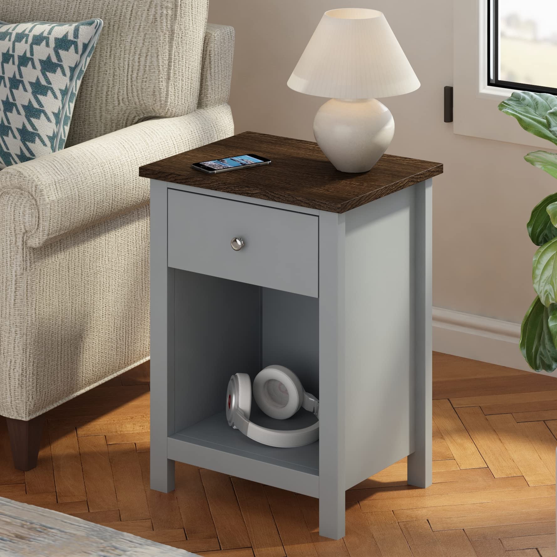 ChooChoo Nightstand - Wooden Bedside Table with Drawer & Storage Cabinet, Gray End Table for Bedroom & Living Room - Perfect for Small Spaces, Apartment Decor & Guest Rooms