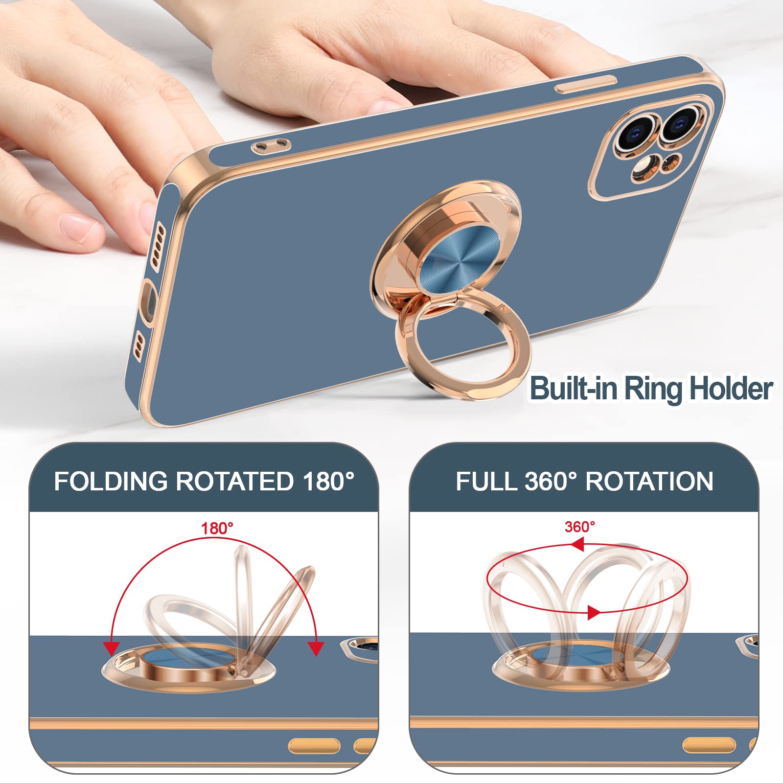 Hython Magnetic Ring Stand Case for iPhone 12 - 360° Rotatable Kickstand, Shockproof Protective Cover with Soft Microfiber Lining & Rose Gold Edge (Blue Gray) - Perfect for Hands-Free Viewing, Gaming, and Daily Protection