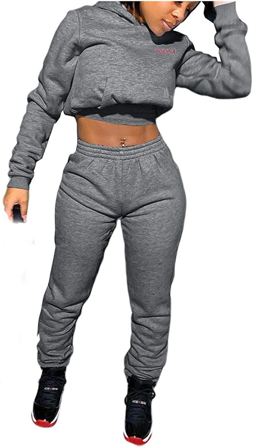 Women's 2 Piece Tracksuit Set - Hooded Crop Top Sweatshirt & Letter Print Sweatpants | Cozy Fall Winter Outfit for Gym, Lounge & Streetwear Fashion