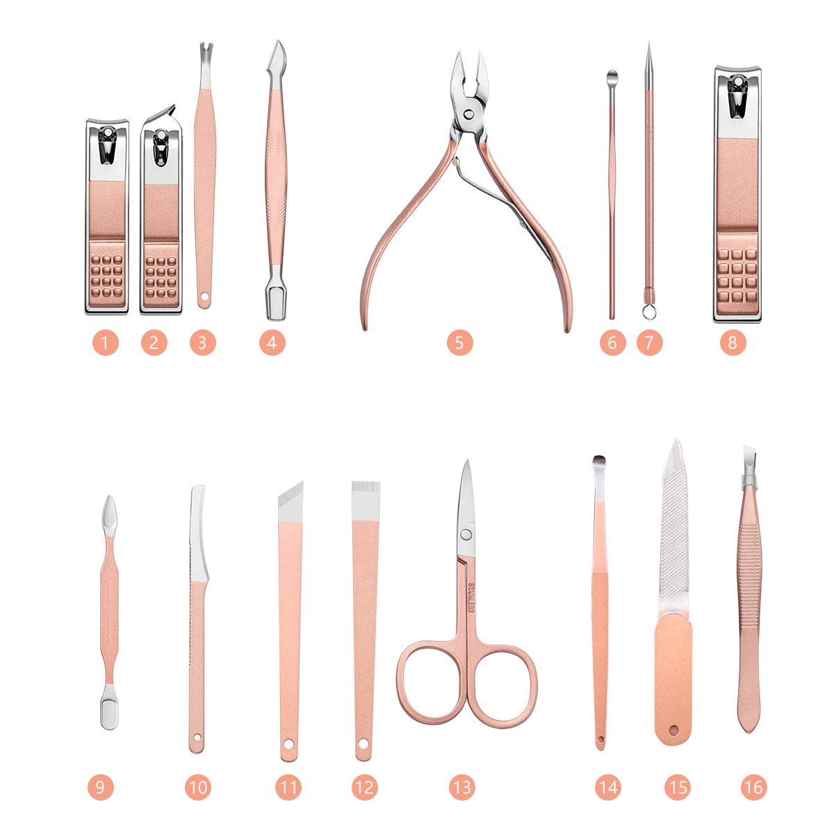 16-Piece Nail Grooming Kit - Professional Nail Clippers, Cuticle Cutter, Nail File & Fine Tooth Comb - Rose Gold Travel Manicure Set for Home & Salon Use