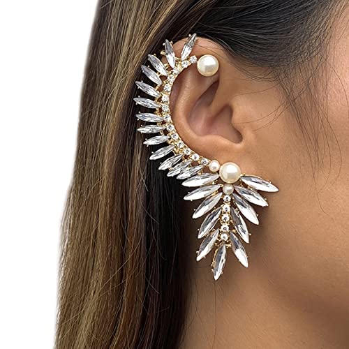 1Pcs Women's Bohemian Non-Piercing Ear Cuffs - Crystal Wrap Clip-On Earrings with Rhinestone & Pearl Drop Dangle - Gold Jewelry for Parties, Weddings & Everyday Wear