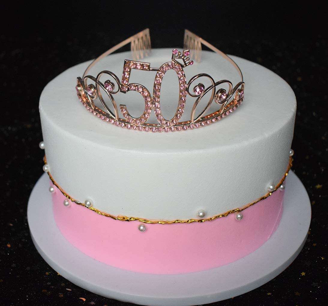 50th Birthday Tiara and Sash Set - Sparkly Black Satin Sash & Rose Gold Crystal Crown for Women's 50th Birthday Party Decorations | Perfect for Milestone Celebrations, Birthday Photos, and Princess-Themed Parties